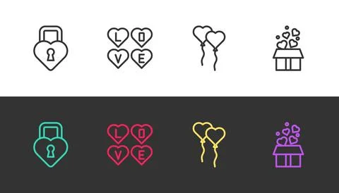 Set line Castle in the shape of heart, Love text, Balloons form and Gift box Stock-Illustration