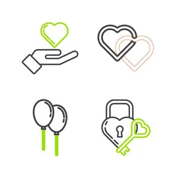 Set line Castle in the shape of a heart and key, Balloons with ribbon, Two .. Stock Illustration