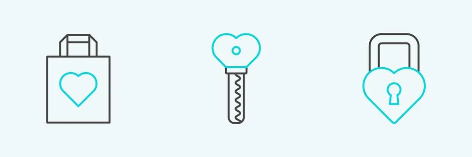 Set line Castle in the shape of a heart, Shopping bag with and Key icon. Vect Stock Illustration