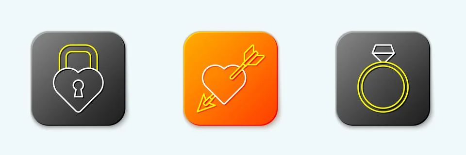 Set line Castle in the shape of heart, Amour with and arrow and Diamond eng.. Stock Illustration