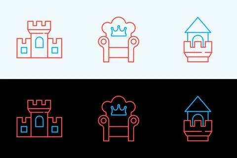 Set line Castle tower, Castle, fortress and Medieval throne icon. Vector Stock Illustration