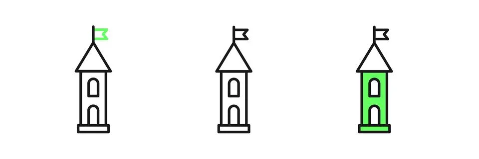 Set line Castle tower icon isolated on white background. Fortress sign.  Vect Stock Illustration