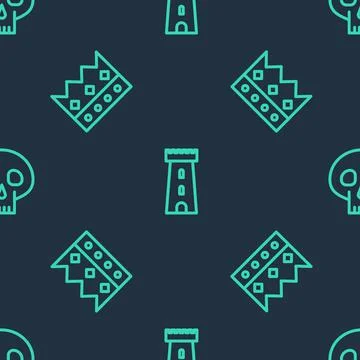 Set line Castle tower, King crown and Skull on seamless pattern. Vector Stockillustratie