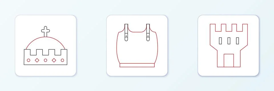 Set line Castle tower, King crown and Body armor icon. Vector Stock Illustration