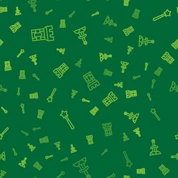 Set line Castle tower, Magic wand and Sword in the stone on seamless pattern Stock Illustration