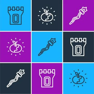 Set line Castle tower, Magic staff and Poison apple icon. Vector Ilustración de archivo