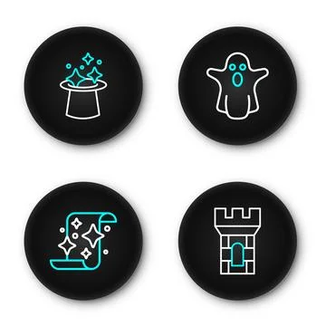 Set line Castle tower, Magic scroll, Ghost and hat icon. Vector Illustrazione stock