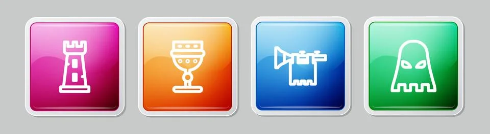 Set line Castle tower, Medieval goblet, Trumpet with flag and Executioner mask イラスト素材