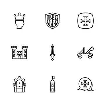 Set line Castle tower, Medieval catapult, Crusade, sword, King crown, Shiel.. Ilustración de archivo