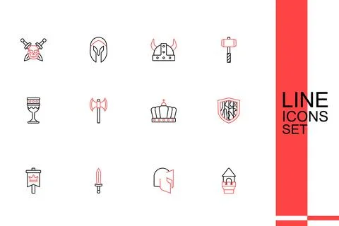 Set line Castle tower, Medieval helmet, sword, flag, Shield, King crown, po.. Ilustración de archivo
