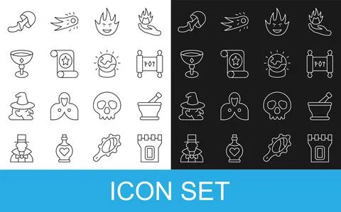 Set line Castle tower, Mortar and pestle, Magic scroll, Fire flame, Medieval Illustrazione stock
