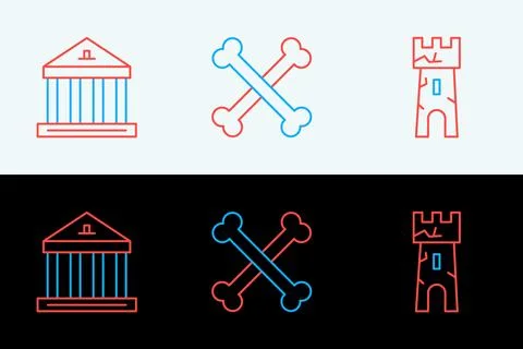 Set line Castle tower, Museum building and Crossed human bones icon. Vector Stock Illustration