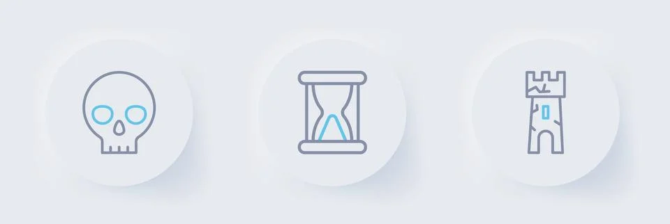 Set line Castle tower, Old hourglass with sand and Human skull icon. Vector Stock Illustration