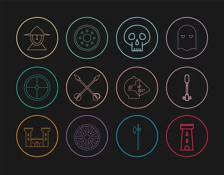 Set line Castle tower, Torch flame, Skull, Medieval crossed arrows, Round w.. Stock Illustration