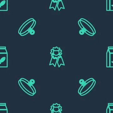 Set line Cat award symbol, collar and Bag of food for cat on seamless pattern Stock Illustration