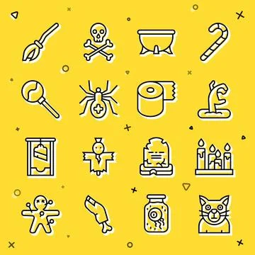Set line Cat, Burning candle, Zombie hand, Halloween witch cauldron, Spider Illustrazione stock
