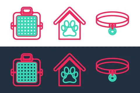 Set line Cat collar, Pet carry case and Dog house and paw print pet icon. Vector Illustration