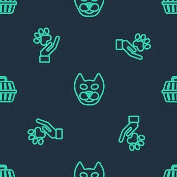 Set line Cat, Hands with animals footprint and Pet carry case on seamless p.. Stock Illustration