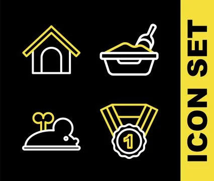 Set line Cat litter tray with shovel, Dog award symbol, Clockwork mouse and Stock Illustration