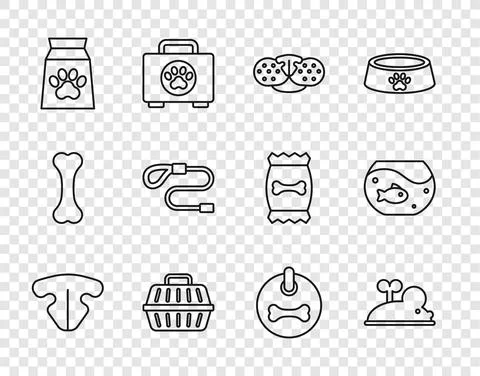 Set line Cat nose, Clockwork mouse, Pet carry case, Bag of food for pet Illustrazione stock