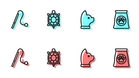 Set line Cat, Pet cat toy, Turtle and Bag of food for pet icon. Vector Illustrazione stock