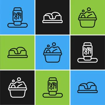 Set line Cat scratching post, Pets bath and bed icon. Vector Stock Illustration