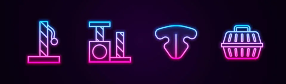 Set line Cat scratching post, , nose and Pet carry case. Glowing neon icon Illustration