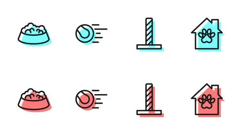 Set line Cat scratching post with toy, Pet food bowl for cat or dog, toys ball Stock Illustration