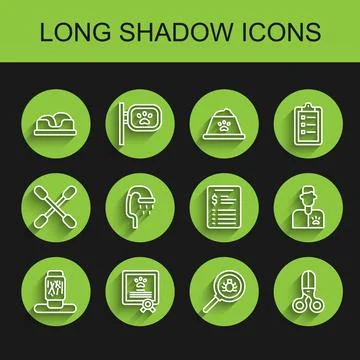 Set line Cat scratching post, Certificate for dog or cat, Pet bed, Flea search Stock Illustration