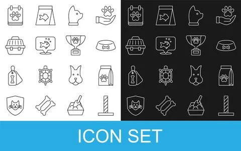 Set line Cat scratching post with toy, Bag of food for pet, Pet bowl cat dog Stock Illustration