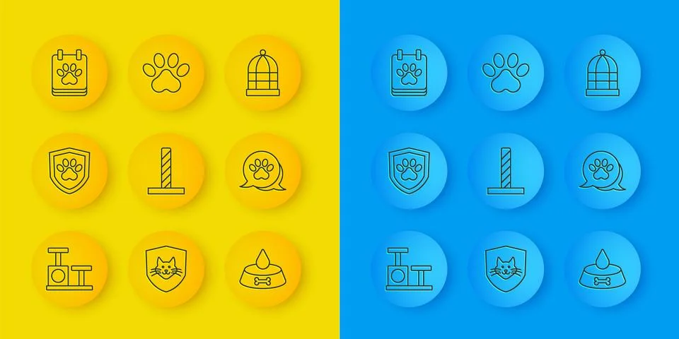 Set line Cat scratching post with toy, Animal health insurance, Pet food bowl Stock Illustration