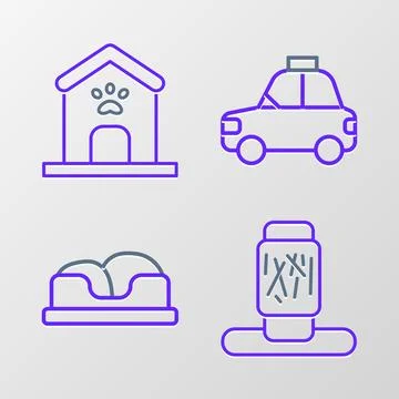 Set line Cat scratching post, Pet bed, car taxi and Dog house and paw print icon Stock Illustration