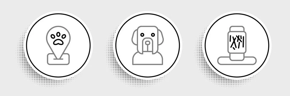 Set line Cat scratching post, Location pet grooming and Dog icon. Vector Stock Illustration