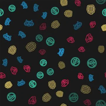 Set line Cat tooth, No shit, Pet carry case and Dog on seamless pattern. Vector Illustrazione stock