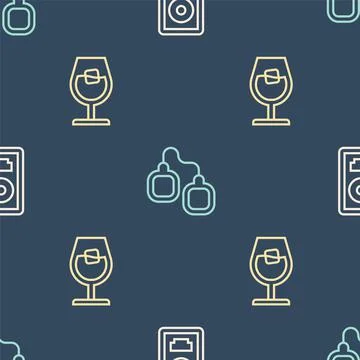 Set line CD disk award in frame, Wine glass and Handcuffs on seamless pattern Stockillustratie