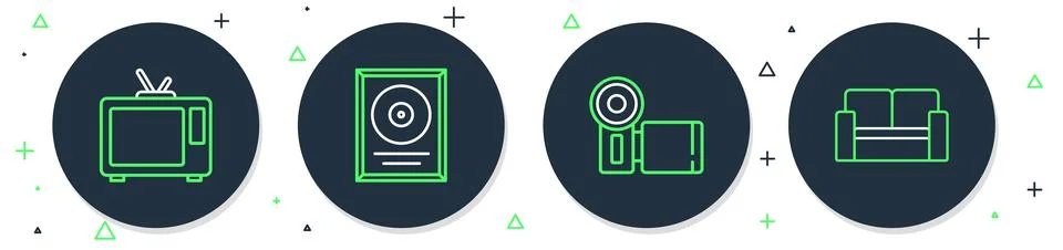 Set line CD disk award in frame, Cinema camera, Retro tv and chair icon. Vect 스톡 일러스트
