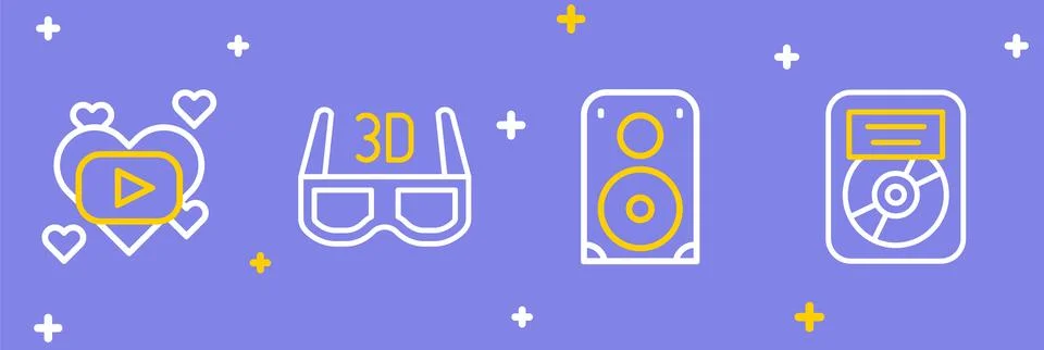 Set line CD disk award in frame, Stereo speaker, 3D cinema glasses and Roma.. Stock Illustration