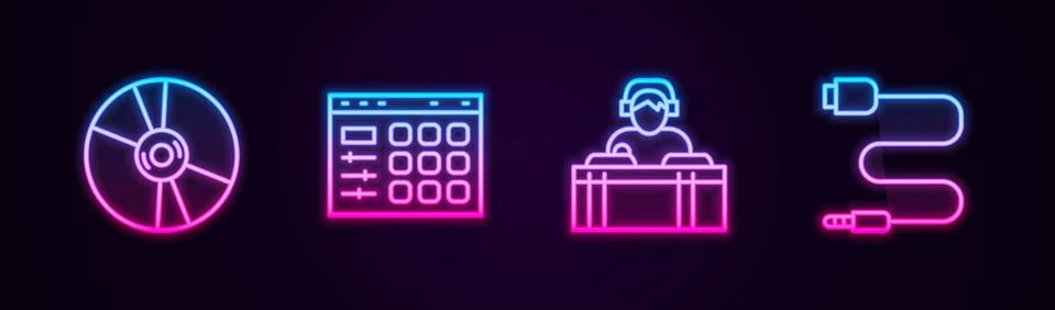 Set line CD or DVD disk, Drum machine, DJ playing music and Audio jack. Glowing Illustrazione stock