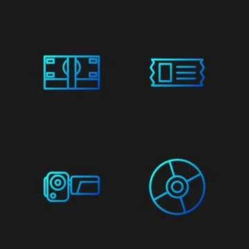 Set line CD or DVD disk, Cinema camera, Stacks paper money cash and ticket Stock Illustration
