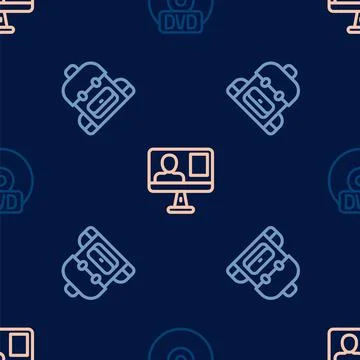 Set line CD or DVD disk, School backpack and Online class on seamless pattern Stock Illustration