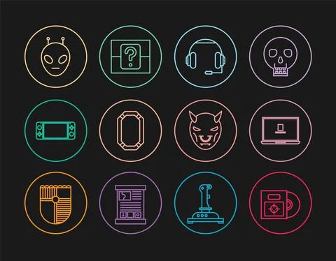 Set line CD or DVD disk in box, Laptop, Headphones, Poker table, Portable video Stock Illustration