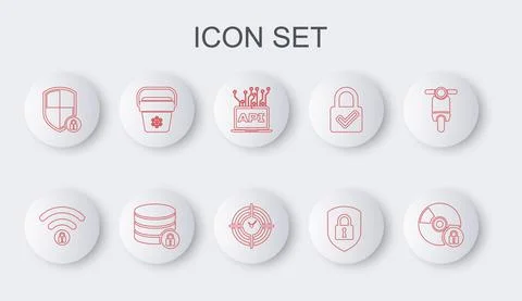 Set line CD or DVD disk with lock, Wifi locked, Computer api interface, Shield Stock Illustration
