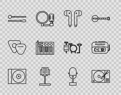 Set line CD or DVD disk, Vinyl player with a vinyl, Air headphones, Music stand Stock Illustration