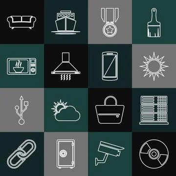 Set line CD or DVD disk, Server, Data, Web Hosting, Sun, Medal with star Stock Illustration