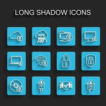 Set line CD or DVD disk with lock, Retro wall watch, Cloud computing, Cyber Stock Illustration