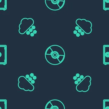 Set line CD or DVD disk, Cloud with snow and Safe on seamless pattern. Vector Stock Illustration
