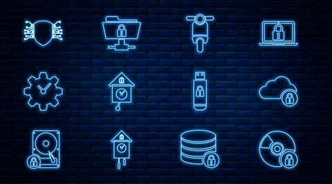 Set line CD or DVD disk with lock, Cloud computing, Scooter, Retro wall watch Stock Illustration