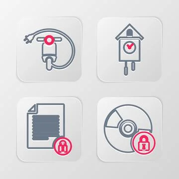 Set line CD or DVD disk with lock, Document and, Retro wall watch and Electric Stock Illustration