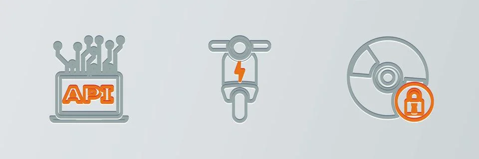 Set line CD or DVD disk with lock, Computer api interface and Electric scooter Stock Illustration