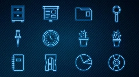 Set line CD or DVD disk, Plant in pot, Document folder, Clock, Push pin, Draw Stock Illustration